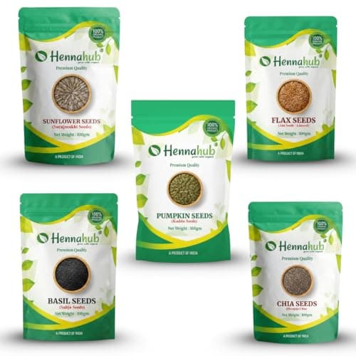 Chia Seeds Flax Seeds Pumpkin Seeds Sunflower Seeds Sabja Seeds Combo for Weight Loss | 5-in-1 Super Seeds Mix | 100g Each 500g Total | Omega-3 Protein Fibre Rich Superfood | Healthy Snack | Hennahub