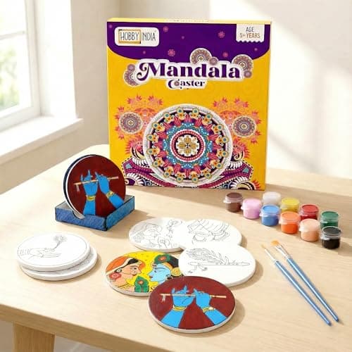 HOBBY INDIA Krishna Mandala Art Kit for Adults and Kids | DIY Tea Coaster Set of 6 with Painting Kit | Unique Art and Craft Kit Gift | Perfect Coaster for Office Desk, Dining Table Kitchen Decoration