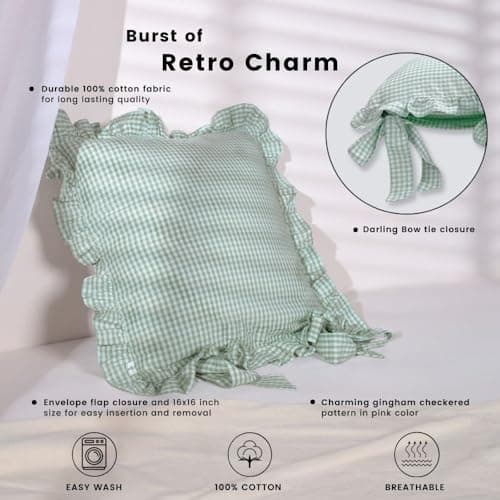 Sleepy Threads Checkered Cotton Cushion Cover 16x16 Inch | Soft Envelope Closure Sofa Cushion Covers with Frills for Living Room, Chair, Bedroom and Couch Decor, Cushion Covers Cotton (Sage Green) 2