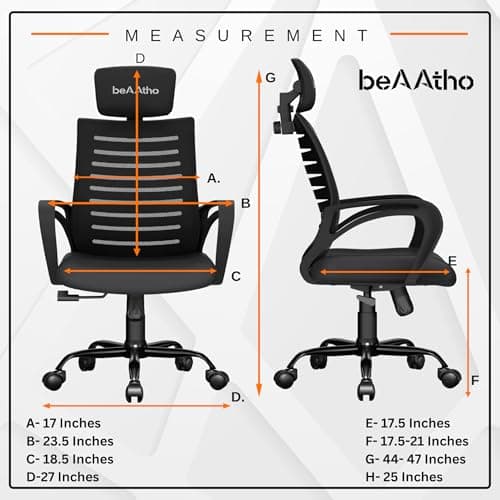 beAAtho® Verona Mesh High Back Ergonomic Home Office Chair with 3-Years Limited Warranty by beAAtho, Tilting & Height Adjustable Mechanism, Heavy Duty Metal Base Ideal for Office Work & Study (Black) 2