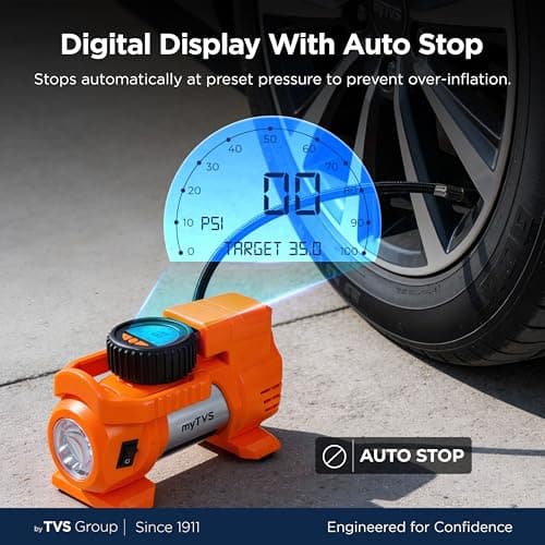 myTVS Air Thunder Digi Tyre Inflator for Car and Bike with LED Torch (100 PSI, Auto Stop, Digital Meter, Durable Metal Body, 3m Cord) | Air Pump for Car Tyre Inflator Pump TI-88, 1+1 Years Warranty 2