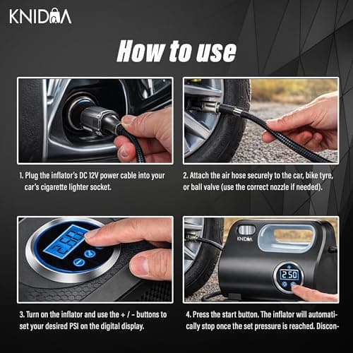 Knidaa Portable Car Tyre Inflator Air Compressor, 150 PSI Digital Air Pump with LED Display, Fast Inflation, 2.7m Cord, Air Pump Compressor,12V DC Car Tire Pump for Car, Bike, Bicycle & Ball 5