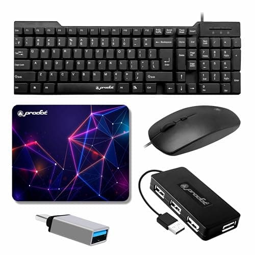 Prodot 5-in-1 Wired Combo Pack | Wired Keyboard + Palm Optical Mouse + 4 in1 Port USB Hub + USB Type-A to Type-C Converter + Anti-Slip Mouse Pad | for Laptop/Desktop Accessories