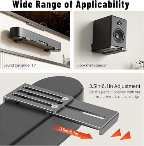 Universal Soundbar stand Wall Mount Bracket, Adjustable Depth 90-145mm (3.5-6.1 in), Heavy Duty Carbon Steel, Holds Up to 15kg, Under TV Mount for All brand Soundbar Mount Speaker Stand Black 4