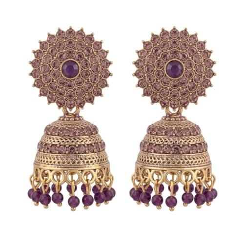 NILARA Kundan Jhumka Earrings for Women | Gold Plated Traditional Temple Jewellery | Antique Dome Jhumki | Bridal Wedding Party Fashion Ethnic Earrings for Women and Girls (Purple Stone 1)