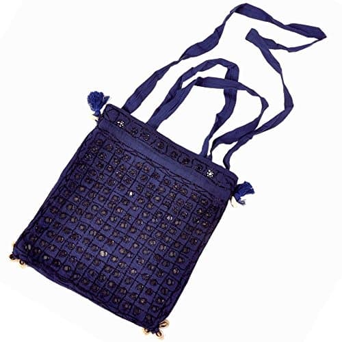 Little India Mirror Work Navy Blue Sling Bag 10"x12"x2" 2