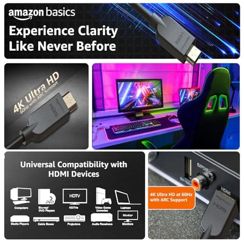 Amazon Basics Flexible Premium HDMI Cable (Black, 4K@60Hz, 18Gbps) | Compatible with Laptop, Tablet, Mp3, Gaming Device, Black | 3 Feet 2