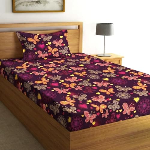 Fashion String Microfibre 144TC Maroon Butterfly & Heart Print Single Bedsheet with 1 Pillow Cover