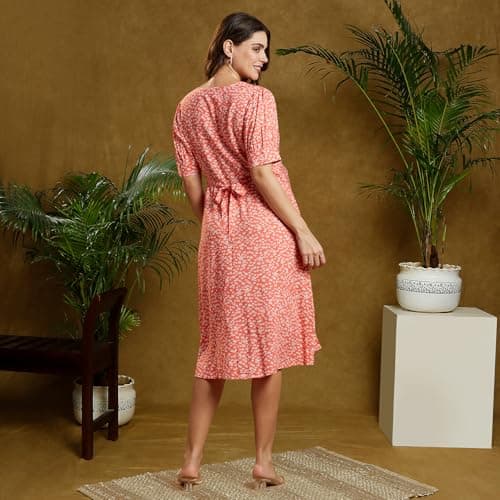 MomToBe Women's Rayon Maternity Dress with Zippers for Nursing Pre and Post Pregnancy (Sunkist Coral ; Medium) 4