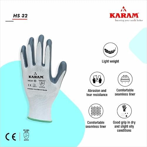 Karam HS32 Nitrile Palm Coated Safety Work Gloves | Excellent Grip, Flexible & Durable with Elasticated Wrist for Secure Fit | Tear & Abrasion Resistant Safety Hand Gloves | Size-L | Pack of 10 2