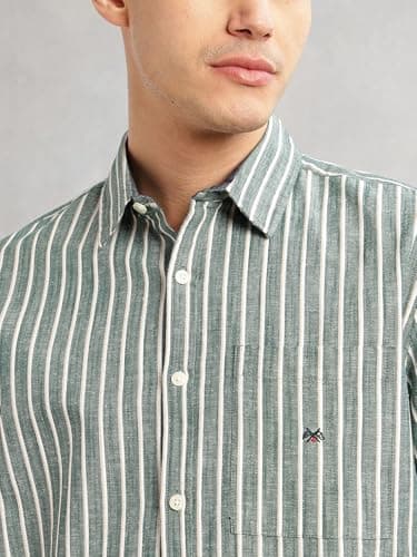 Thomas Scott Men | Slim Fit | Cotton Linen | Vertical Stripes | Casual Shirt with Spread Collar & Short Sleeves (TS1786_Midblue_M) Mid Blue 5