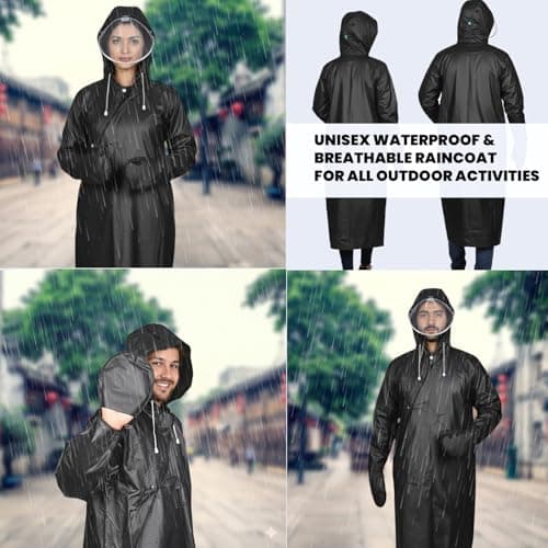 HACER Unisex Rain Poncho 410GSM with Adjustable Hood Full Sleeves Water Resistant Lightweight Outdoor Bike Raincoat for Men & Women Camping Hiking and Travelling (XL, Black) 5