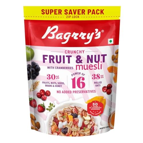 Bagrry’s Crunchy Fruit & Nut Muesli with 30% Real Fruits, Nuts & Seeds– 750G | 16 Real & Freeze Dried Fruits, Nuts, Seeds & Berries Muesli | No Candy | 38% High Fibre Oats, No Cornflakes | Fibre & Pro