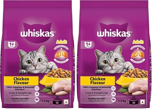 Whiskas Adult (1+ Years) Dry Cat Food, Chicken Flavour, 1.2 kg, Contains 41 Essential Nutrients, Complete & Balanced Nutrition for Adult Cats (Pack of 2)