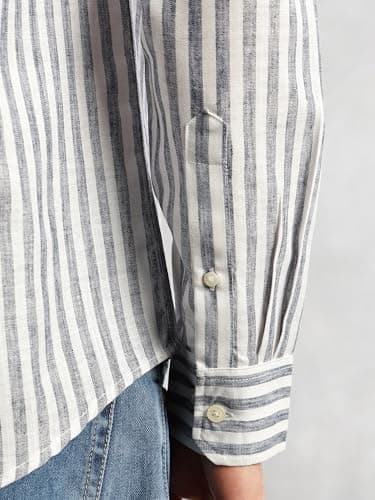 Thomas Scott Men’s Slim Fit Casual Shirt | Cotton Linen Fabric | Vertical Stripes | Long Sleeves | Spread Collar (TS1385_Navy_M) 6