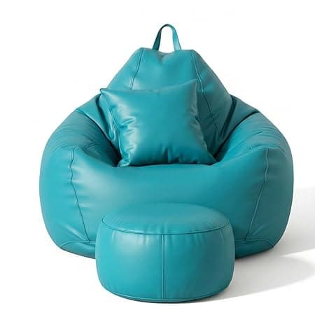 KAM'S LIEU Bean Bag Chair with Footrest & Cushion | Pre-Filled Beans | PVC Leatherette Lounger Sofa | Indoor & Outdoor Bean Bag | 6 Months Warranty Size & Color- (Aqua, XXXXXL, Premium)