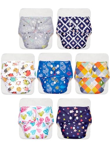 Superbottoms Basic Leakage-proof advanced cloth diapers for babies, High Absorbent 7 reusable diaper and 7 insert pad Combo Pack washable cloth diaper 3M -3Years Adjustable