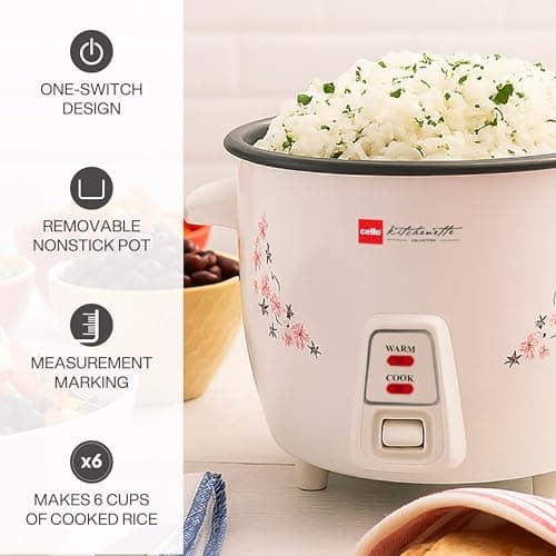 CELLO Iris Electric Rice Cooker with Single Pot 1.5L White | 500W Power, Removable Aluminium Non-Stick Bowl with SS Lid, Cool Touch Handle, One Touch Automatic Warm Function, For Rice Pulao Maggi Soup 3
