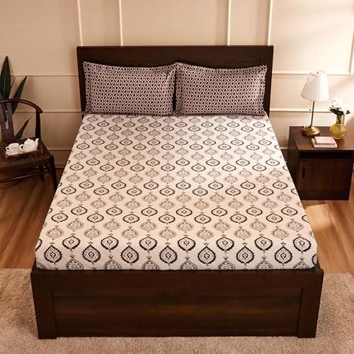 Amazon Brand - Solimo Damask Dreams 144 TC 100% Cotton Double Bedsheet with 2 Pillow Covers, Brown, 144 TC 3