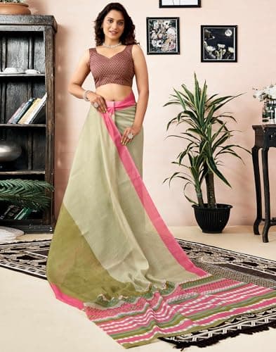 SIRIL Women's Chanderi Cotton Printed Ready to Wear with Pocket Saree with Unstitched Blouse Piece (47RS434_Green) 3