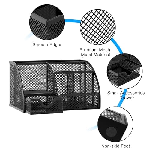 Geniric Generic Mesh Office Stationery Desk Tidy Organiser 5 Storage Compartment and 1 Drawer with Non-Marking Rubber Pads, Black 3