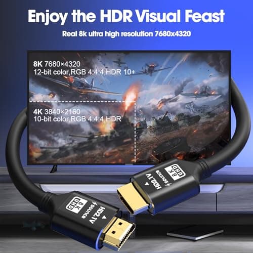 Sounce 8K HDMI 2.1 Cable (6FT, 8K 60Hz HDR, 4K 120Hz, High Speed 48Gbps with Ethernet, eARC, 3D, HDCP 2.3) - Compatible with PS5, Xbox, Roku, Apple TV, Switch, PC, Black (Pack of 1) 2