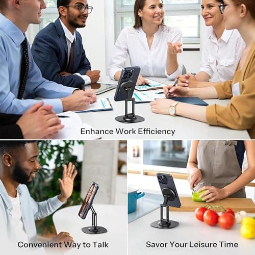 FUEL CO Magnetic Desk Phone Stand Aluminium Phone Holder 360 Degree Rotation Base Foldable Adjustable Mobile Magsafes Compatible iPhone 16 15 14 13 12 Pro Max Mini with 2 Magnet Rings (Black) 6