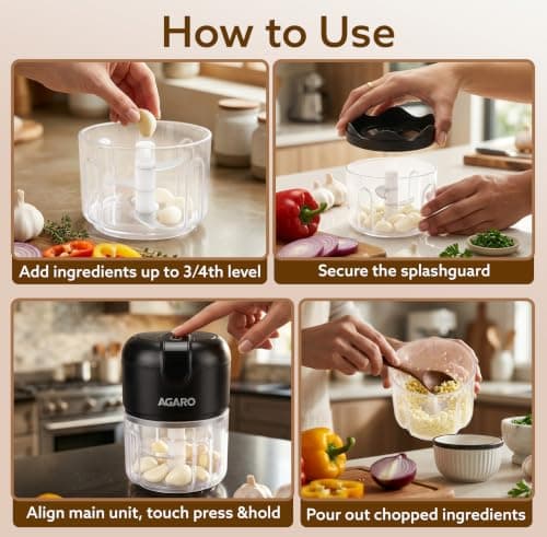 AGARO Elite Rechargeable Mini Electric Chopper, Food Grade Bowl, Stainless Steel Blades, Rechargeable, One Touch Operation, for Chopping Garlic, Ginger, Onion, Vegetable, Nuts, 250 Ml, Black 5