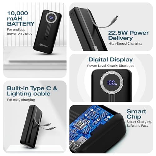 BonKaso 10000mAh Power Bank 22.5W PD Fast Charging with Built-in 2-in-1 Type C & Lightning Cable, Digital Display, Dual USB Output, Compact Portable Charger for Android, iPhone, Tablets – Black 2