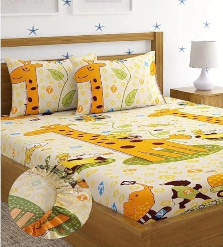 Home Sizzler 144 TC Microfibre Kid's Giraffe Elastic Fitted Double Bedsheet (72X78 inch) with 2 King Size Pillow Covers, Yellow…