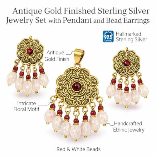 KANISHK JEWELLERS Antique Gold Finished Sterling Silver Jewelry Set with Pendant and Bead Earrings 2