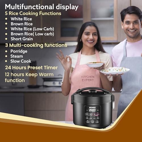 AGARO Regal Electric Rice Cooker, 3 Litres Ceramic Inner Bowl, 750gms (approx. 5 cups) raw rice, SS Steamer, Preset Cooking Functions, Preset Timer, Keep Warm Function, LED Display, Black 3