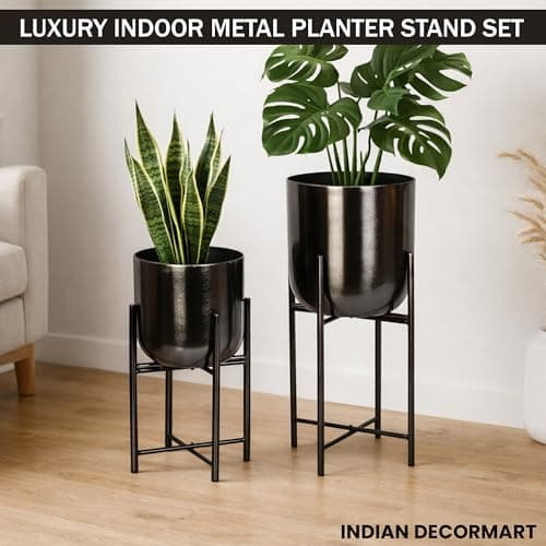 INDIAN DECORMART Metal Planter with Stand (Metallic Dark Grey (Medium & Small)) 2
