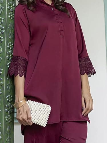 TITTLI Women's Satin Fabric Tunic & Trouser Co-Ord Set (Maroon, L) 5