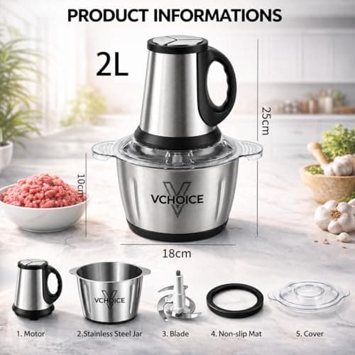 VCHOICE 2 Litre Electric Chopper with Stainless Steel Bowl | 300W Motor | 3 Speed Modes | 4 Stainless Steel Blades | Kitchen Food Processor, Vegetables, Fruits & Onion 2