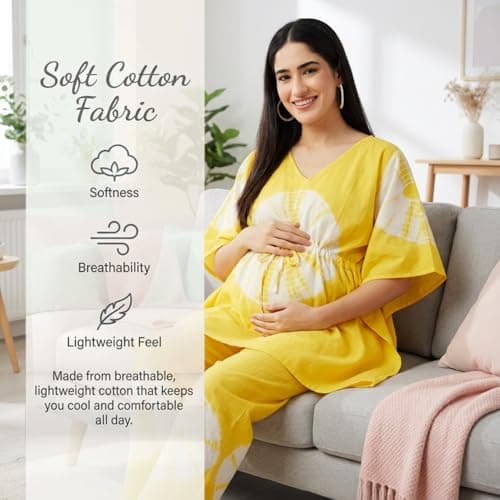 Aaheli Women’s Yellow Tie-Dye Maternity Kaftan Feeding Night Suit Set | 100% Cotton | V-Neck Top with Front Zip for Nursing | Adjustable Waist | Soft & Breathable Loungewear Set with Pant | Yellow 3