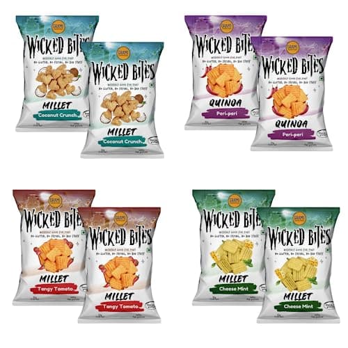 Grami Superfoods Wicked Premium Assorted Millet Snack - Pack of 8 ( 240g) - Each Pack Contains Coconut Crunch, Quinoa Peri Peri, Tangy Tomato, and Cheese Mint | Baked Not Fried | High Protein Millet &