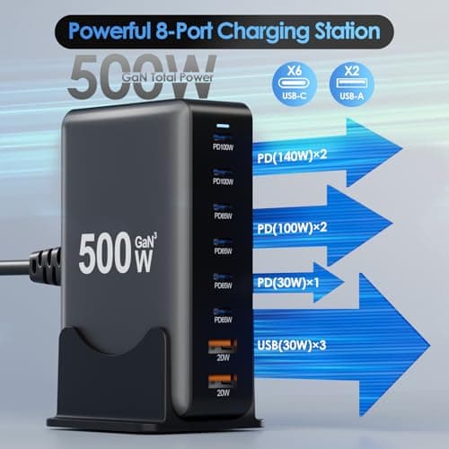 500W USB C Fast Charger Block, 8 Port Charging Station, GaN ? Multi Port Charging Station Hub for Multiple Devices, Multiport USB Charger Station Compatible with MacBook iPhone iPad Dell 4