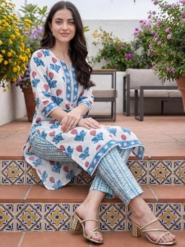 INDO ERA Women's White Pure Cotton Floral Printed Straight Fusion Kurta & Pant with Dupatta Set 2
