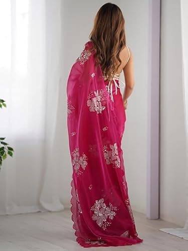 Flosive Women's Shimmer Organza Sequence Embroidery Saree With Unstitched Blouse Piece (RANI PINK) 2