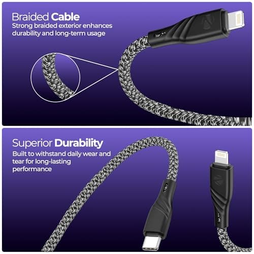 Zebronics Type-C to Lightning Fast Charging Cable, 27W PD Rapid Charging, Charge & Sync Support, Braided Tangle-Free Design, 1.5 Meter Length, Compatible with Type-C PD Adapters (TL300, Black+White) 5