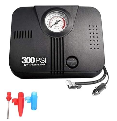 12v/300psi 2115 Tyre Inflator Heavy Duty Air Pump with Pressure Gauge Multiple Nozzle & Adaptor Universal for Car/Van/Truck/Bus/SUV