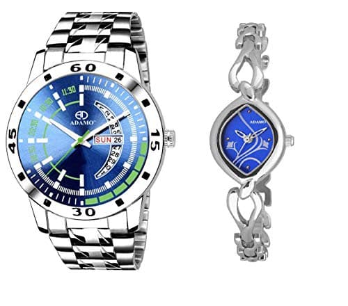 ADAMO Stainless Steel Couple Combo Blue Dial Day & Date Men's & Women's Analog Watch 837SSM05-2455SM05