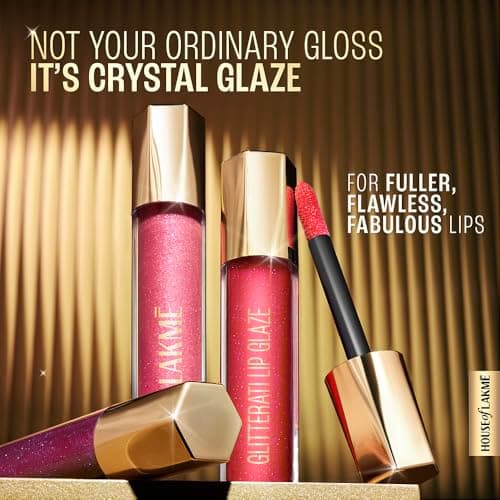 Lakme Glitterati Lip Glaze, for Plump and Shiny Lips, with Vegan Collagen and Crystal Technology, Non-Sticky Formula, Glitter Infused, Delicious Coconut-Vanilla Scent, 203 Hot Pink Cosmo 5ml 2