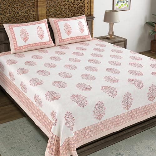BLOCKS OF INDIA Hand Block Printed 200 TC Cotton King Size Bedsheet (Maroon Pot)