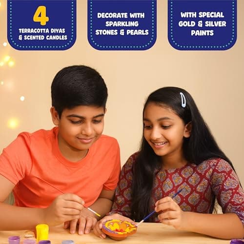 Handycrafts Funskool Diya Decor Kit, DIY Arts & Crafts Activity Set, Paint & Decorate Terracotta Diyas, Mess-Free, Creative STEAM Activity for Boys & Girls, Gift for Kids Ages 5,6,7,8,9+ 4