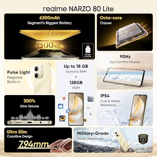 realme NARZO 80 Lite 4G (Beach Gold 2026, 6GB+128GB) | 6300mAh Segment's Biggest Battery | 7.94mm Slim Design | 300% Ultra Volume | Pulse Light: 9 Colors, 5 Glow Modes | Ai Assist 2