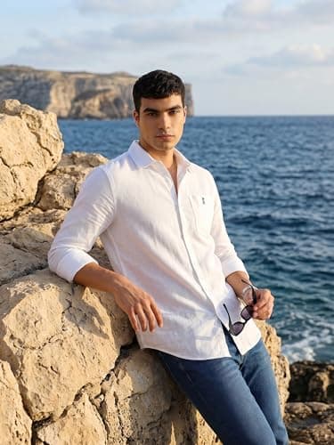 Thomas Scott Men's Cricket Club Collection Premium Slim Fit Casual Shirt | Cotton Linen Long Sleeve Solid Shirt with Spread Collar (CCSH108_White_M) 2