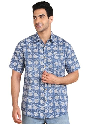 BLOCKS OF INDIA Men Cotton Regular Fit Hand Block Print Half Sleeves Summer Shirt (Medium, Color_3), Blue