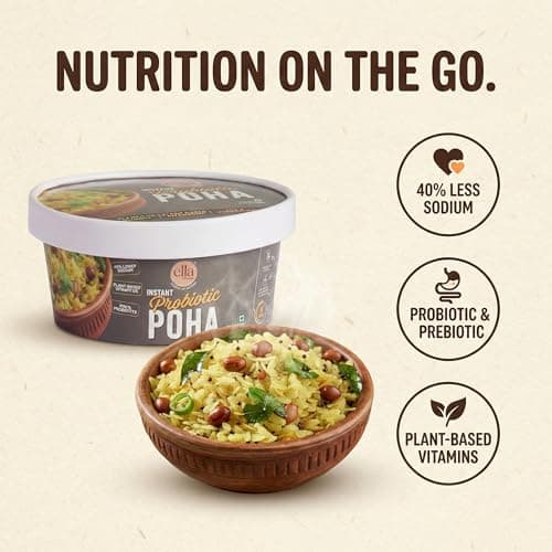 Ella Foods Probiotic Instant Poha Ready To Eat | 40% Less Sodium | Flavorful Rice Flakes, Peanuts, Mustard Seeds, Curry Leaves & Green Chilies | No Preservatives Pack of 2 (65g Each) | Instant Food 2